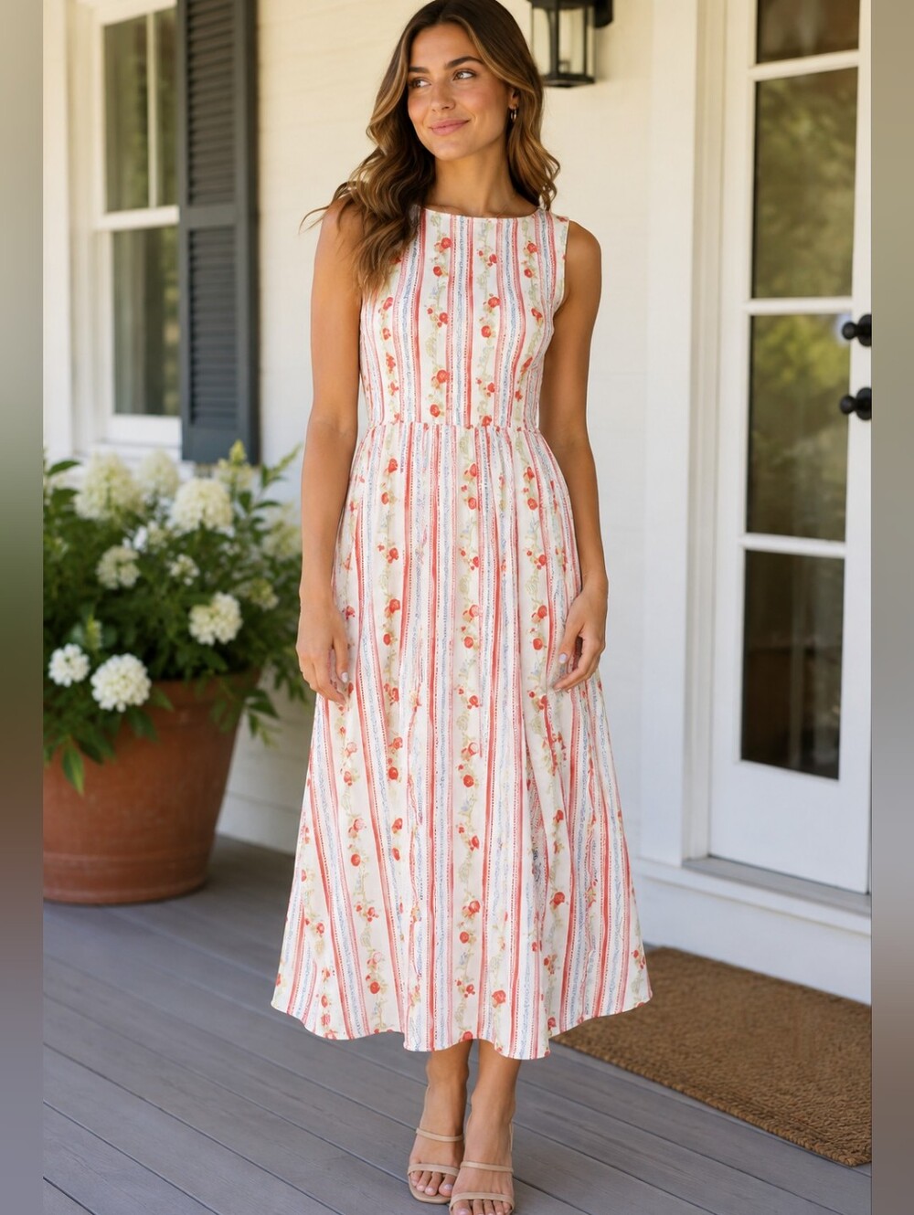 Caroline Constas Smocked Floral Striped Maxi Dress Size Medium